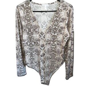 Leith Snake Print Bodysuit Women L Beige Polyester Spandex Stretchy Chic V-Neck